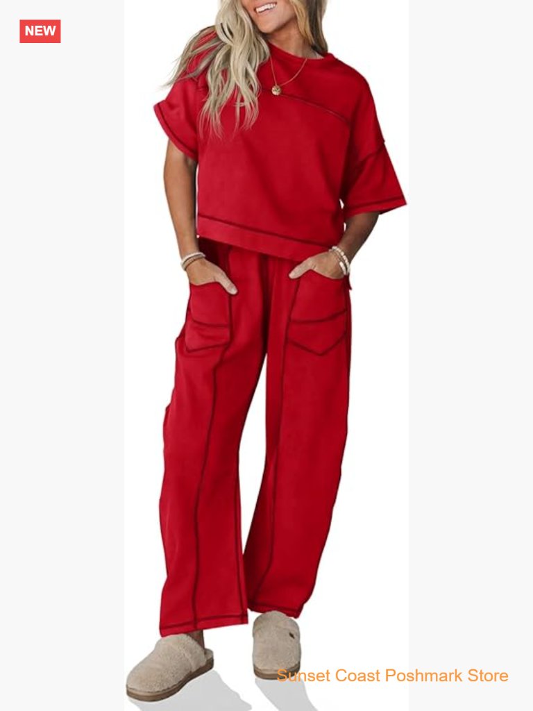 Women's 2 Piece Lounge Set Short Sleeve Top Wide Leg Pants Casual Matching Sets